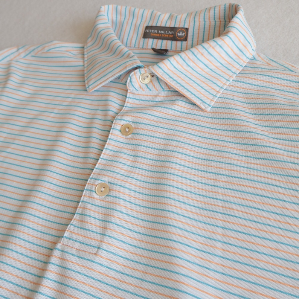 Peter Millar Summer Comfort Polo Shirt Mens Medium Orange Blue Striped Golf M